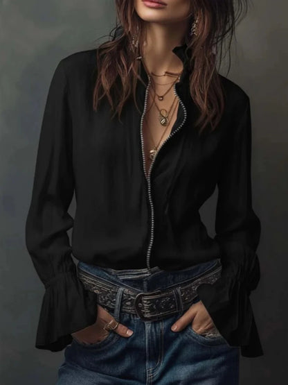 Ruffled Collar Zipper Front Loose Fit Blouse for Women – Stylish Casual Comfort
