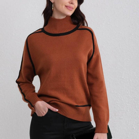 Isla Relaxed Fit Turtleneck Sweater | Contrast Trim Hip-Length Sweater