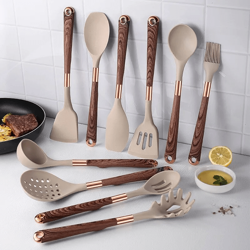 Modern Silicone and Wood Utensil Set with Holder