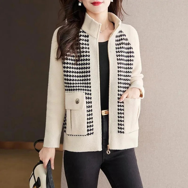 Valentina  Regular Fit Zip Cardigan Jacket | Stand Collar Flap Pockets Jacket