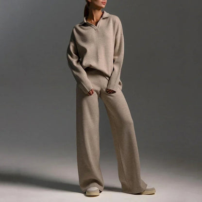 Francesca Two-Piece Set | Relaxed Fit Collared V-Neck Knit Polo Sweater and Full-Length Trousers