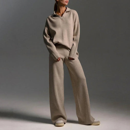 Francesca Two-Piece Set | Relaxed Fit Collared V-Neck Knit Polo Sweater and Full-Length Trousers