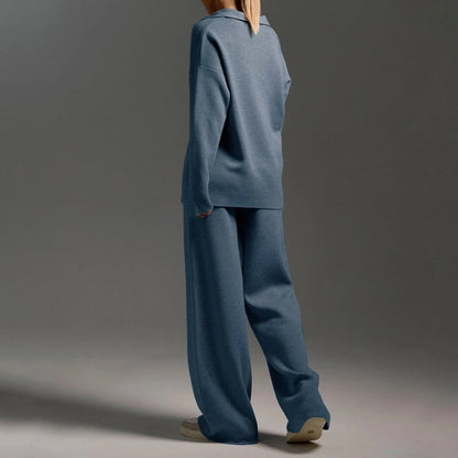Francesca Two-Piece Set | Relaxed Fit Collared V-Neck Knit Polo Sweater and Full-Length Trousers
