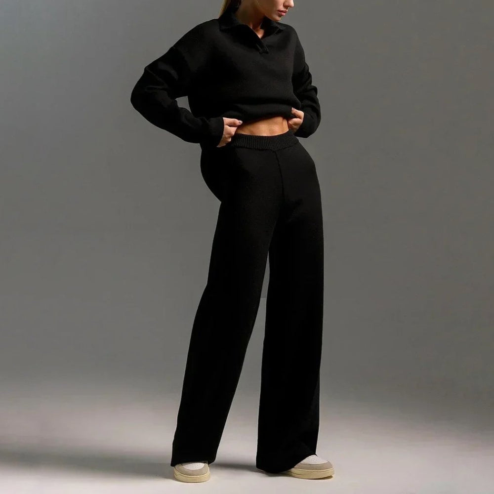Francesca Two-Piece Set | Relaxed Fit Collared V-Neck Knit Polo Sweater and Full-Length Trousers