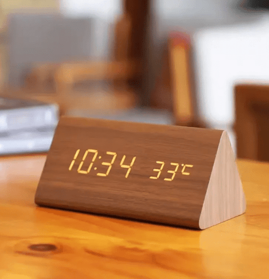 Minimalist Triangular Wooden Digital Clock with LED Display