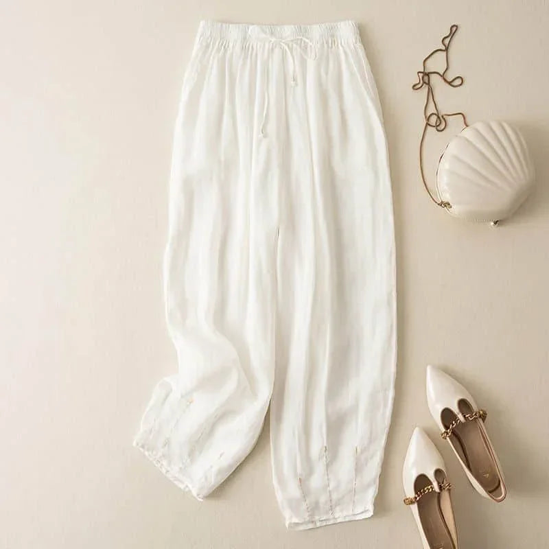 Embroidered Drawstring Cropped Relaxed Fit Pants for Women – Casual Comfort & Style