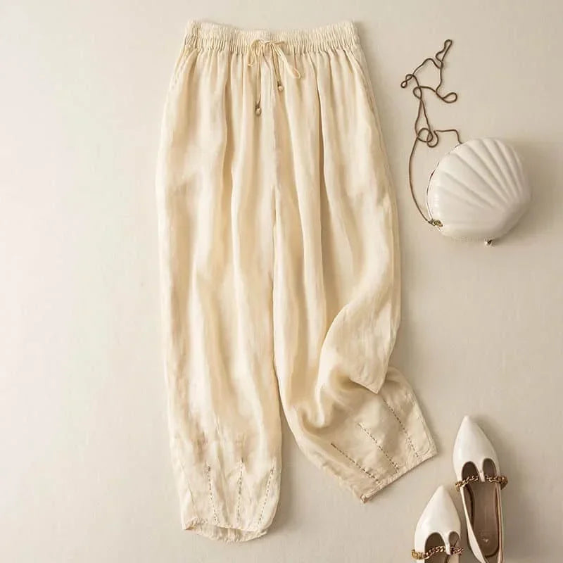 Embroidered Drawstring Cropped Relaxed Fit Pants for Women – Casual Comfort & Style