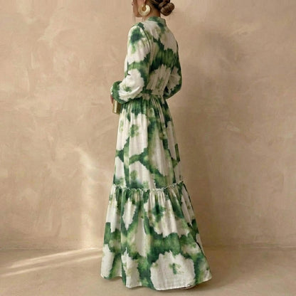 Flowy Tie-Dye Maxi Dress with Drawstring Waist for Women – Elegant & Comfortable Design