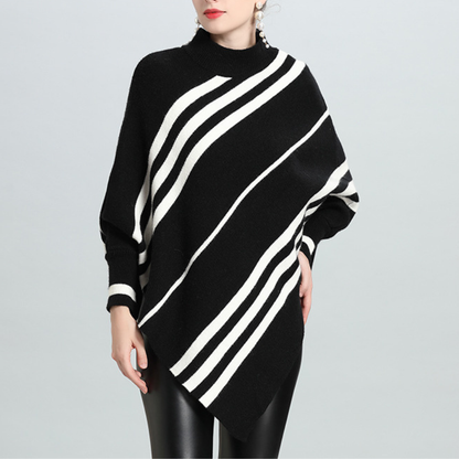 Isla Oversized Poncho Sweater | Striped Mock Neck Long Sleeve Poncho Sweater