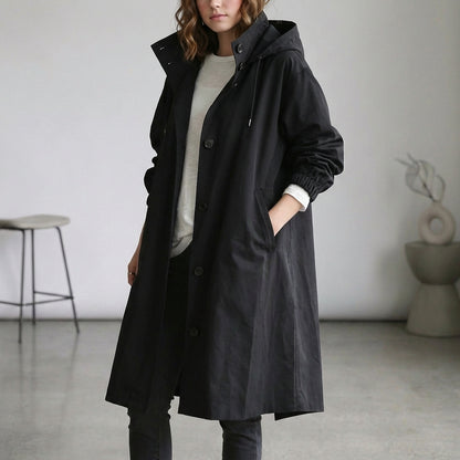 Relaxed Fit Mid-Calf Hooded Trench Coat for Women – Casual Style & Comfort