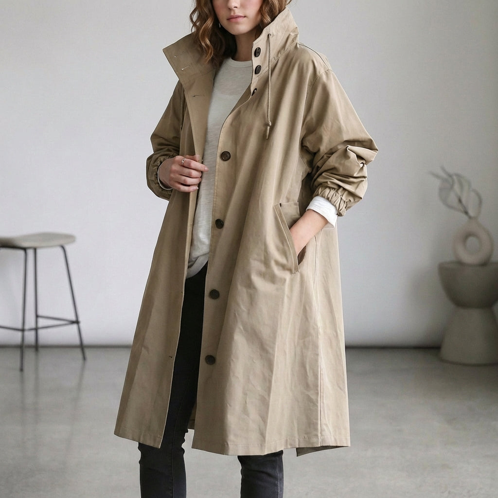 Relaxed Fit Mid-Calf Hooded Trench Coat for Women – Casual Style & Comfort