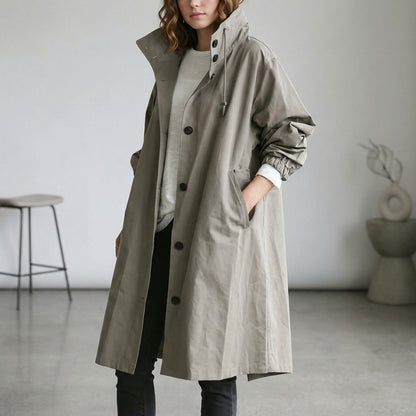 Relaxed Fit Mid-Calf Hooded Trench Coat for Women – Casual Style & Comfort