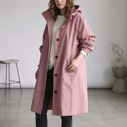 Relaxed Fit Mid-Calf Hooded Trench Coat for Women – Casual Style & Comfort