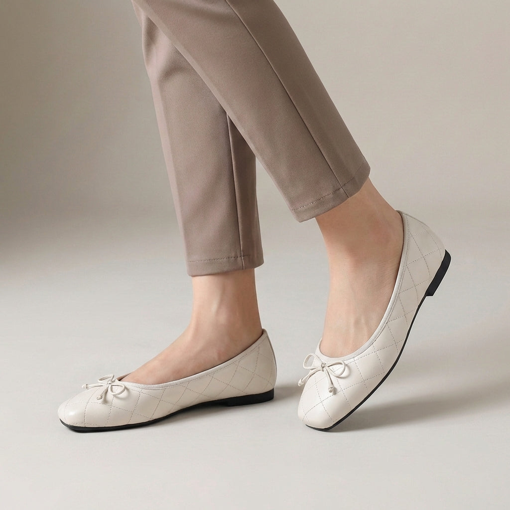 Quilted Bow Detail Square Toe Ballet Flats for Women – Comfortable Casual Style
