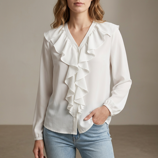 Ruffled Button Front Relaxed Fit Blouse for Women – Stylish Casual Comfort