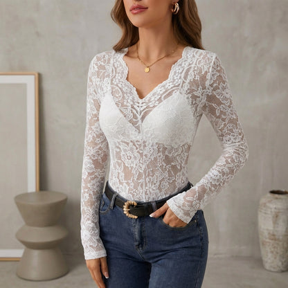 Sheer Floral Scalloped Trim Fitted Lace Top for Women – Elegant Casual Style