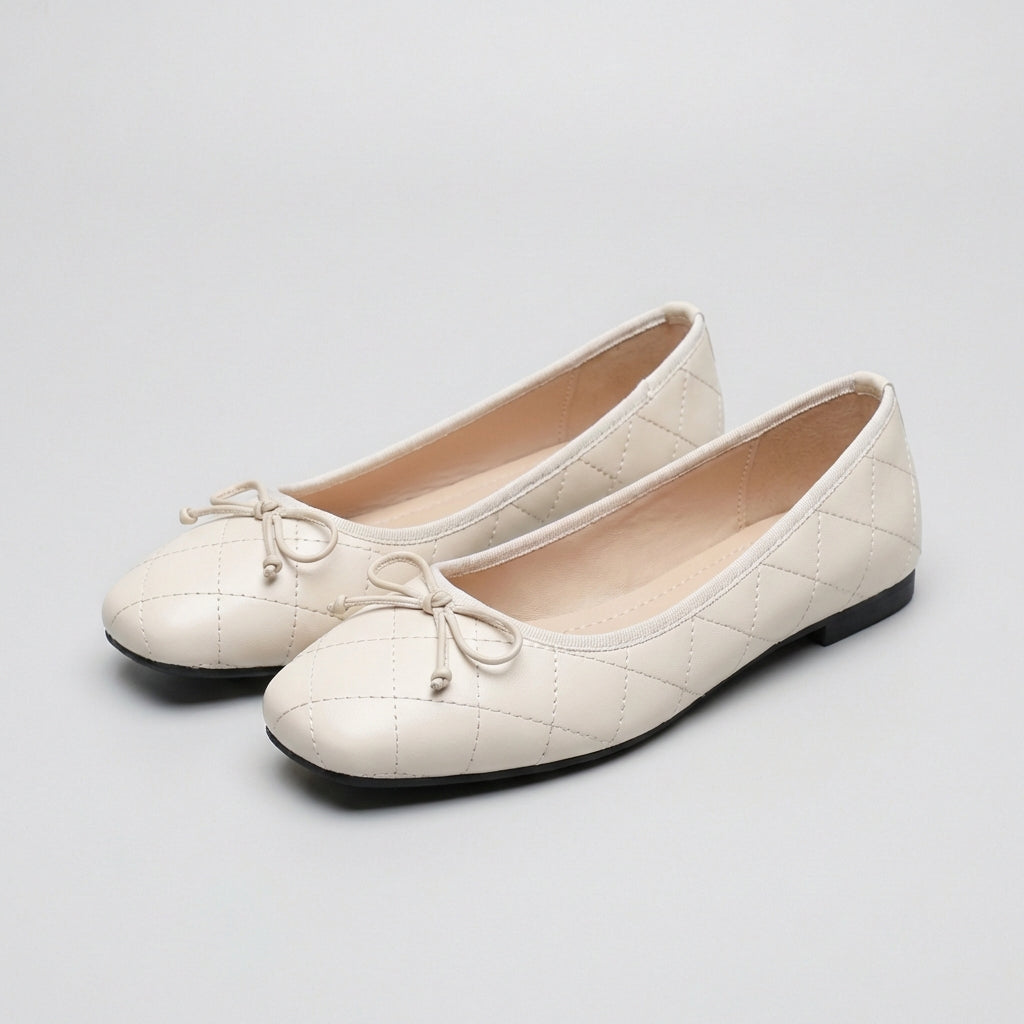 Quilted Bow Detail Square Toe Ballet Flats for Women – Comfortable Casual Style