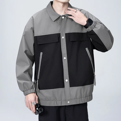 Leo Relaxed Fit Bomber Jacket | Color Block Collared Snap Button Bomber Jacket