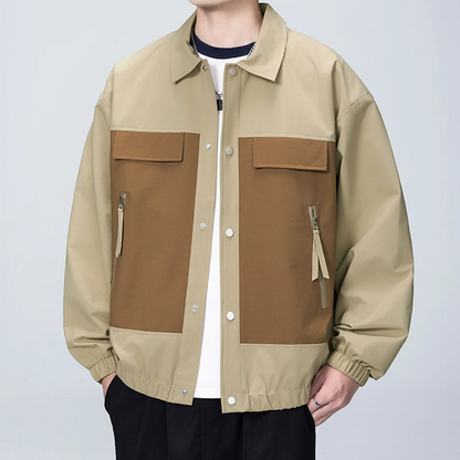 Leo Relaxed Fit Bomber Jacket | Color Block Collared Snap Button Bomber Jacket
