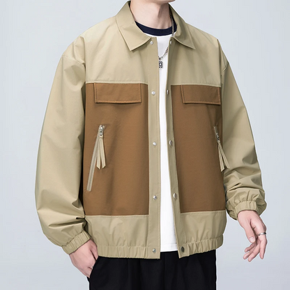 Leo Relaxed Fit Bomber Jacket | Color Block Collared Snap Button Bomber Jacket