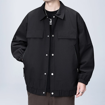 Leo Relaxed Fit Bomber Jacket | Color Block Collared Snap Button Bomber Jacket