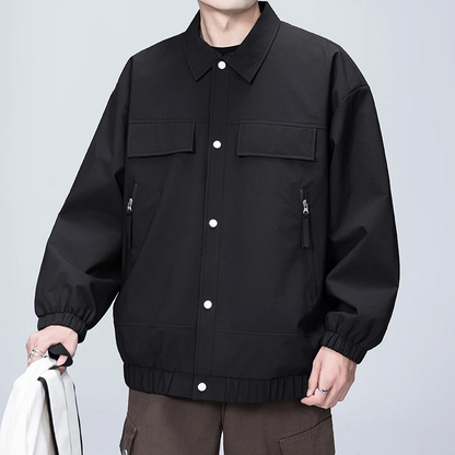 Leo Relaxed Fit Bomber Jacket | Color Block Collared Snap Button Bomber Jacket