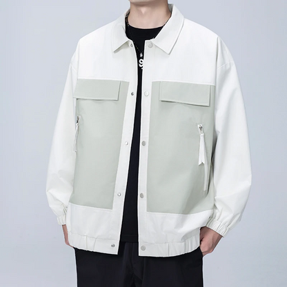 Leo Relaxed Fit Bomber Jacket | Color Block Collared Snap Button Bomber Jacket