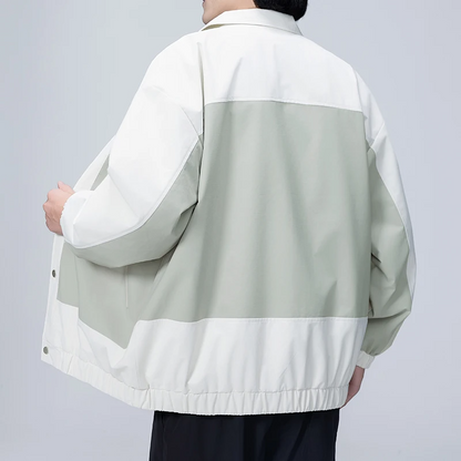 Leo Relaxed Fit Bomber Jacket | Color Block Collared Snap Button Bomber Jacket