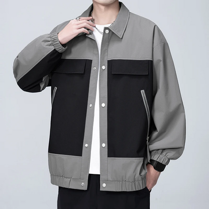 Leo Relaxed Fit Bomber Jacket | Color Block Collared Snap Button Bomber Jacket