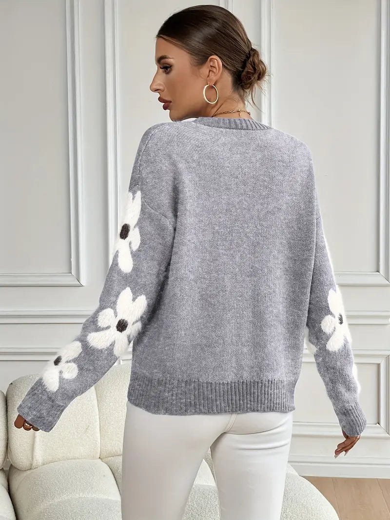 Freya Floral Crewneck Relaxed Fit Sweater | Ribbed Fuzzy Sweater
