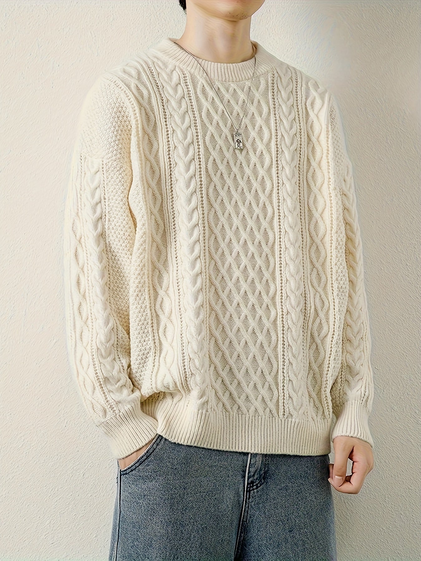 Joshua Relaxed Fit Crewneck Sweater | Cable Knit Ribbed Cuffs Sweater