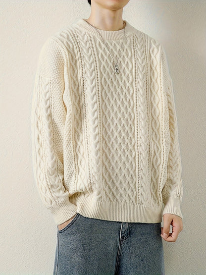 Joshua Relaxed Fit Crewneck Sweater | Cable Knit Ribbed Cuffs Sweater