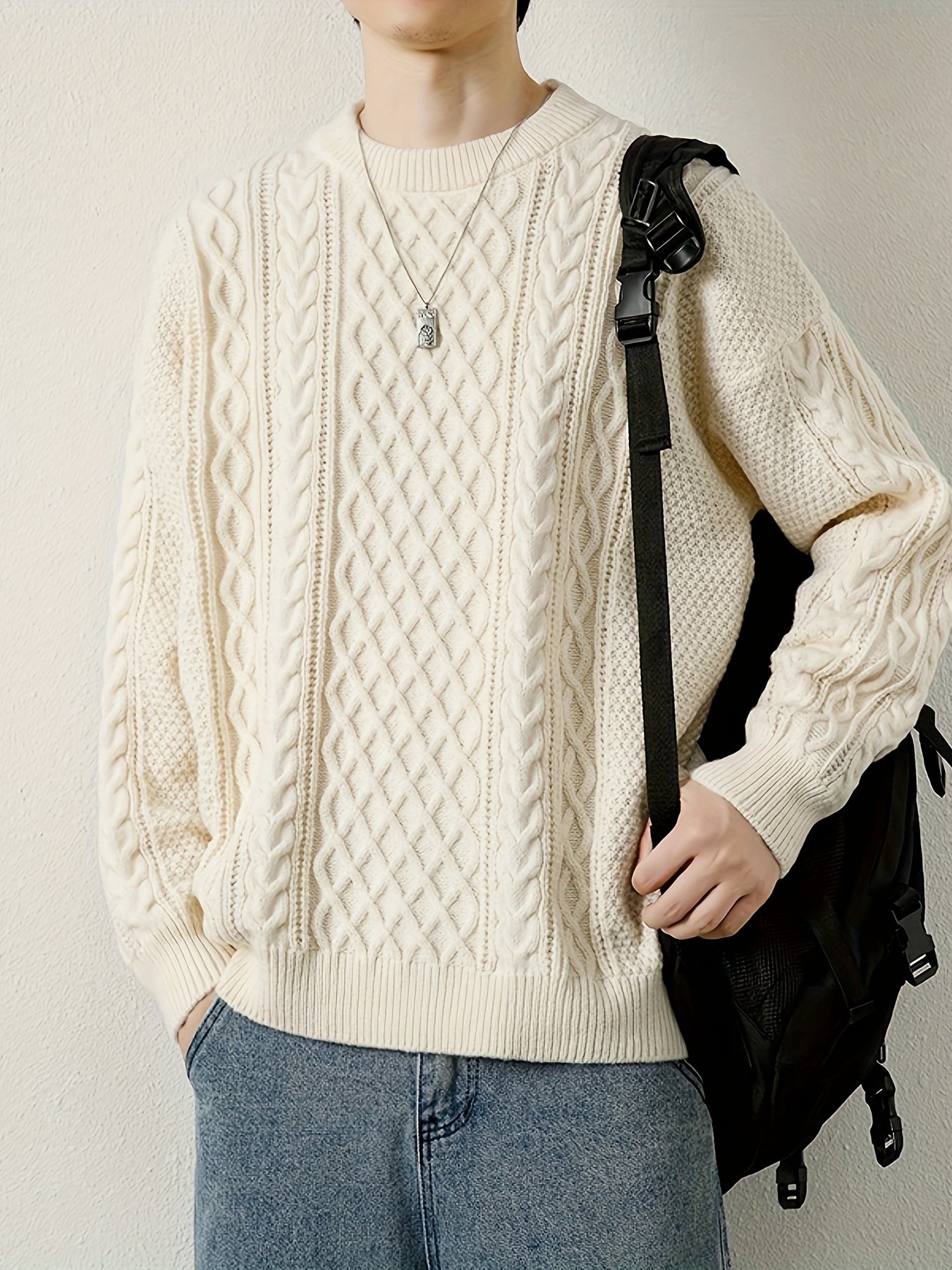 Joshua Relaxed Fit Crewneck Sweater | Cable Knit Ribbed Cuffs Sweater