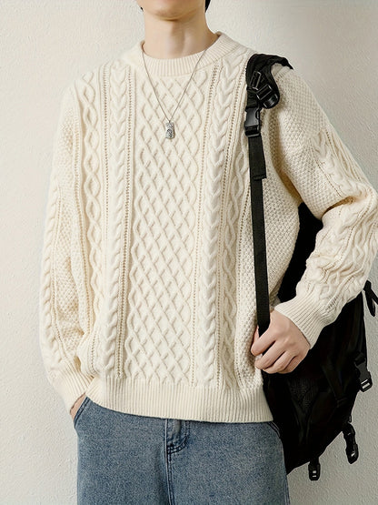 Joshua Relaxed Fit Crewneck Sweater | Cable Knit Ribbed Cuffs Sweater