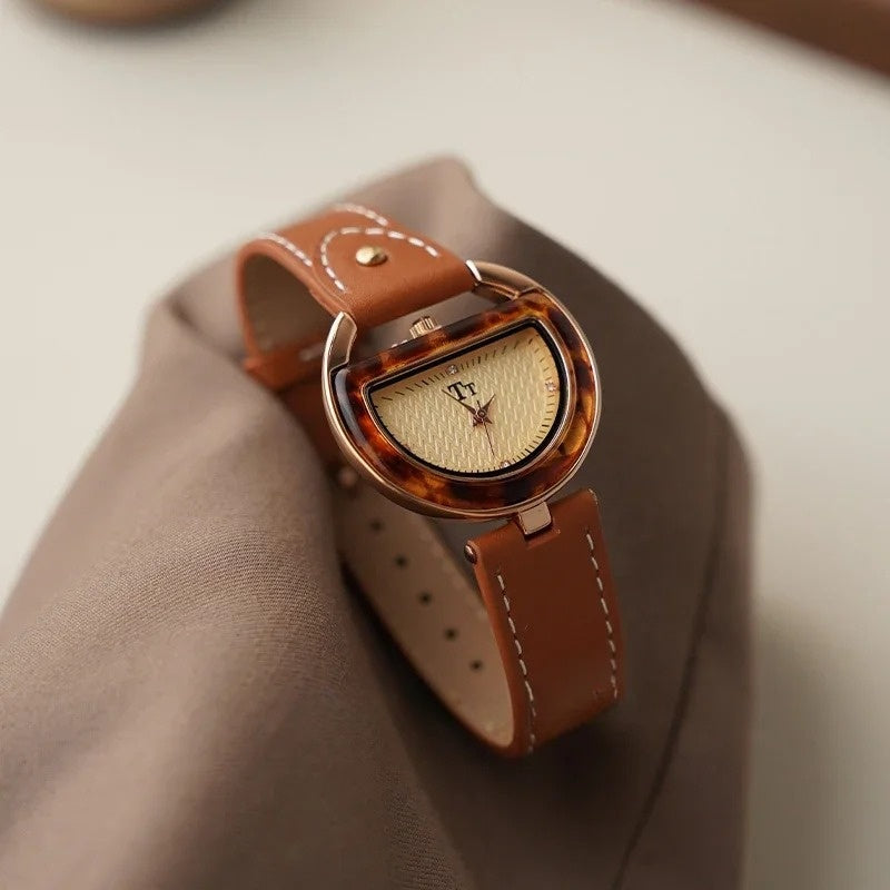 Stella D-Shaped Wristwatch | Textured Tortoise Shell Wristwatch