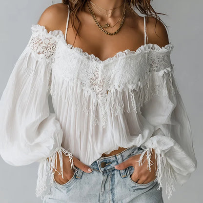 Lace Cold Shoulder Ruffled Lantern Sleeve Blouse for Women – Bohemian Chic Comfort