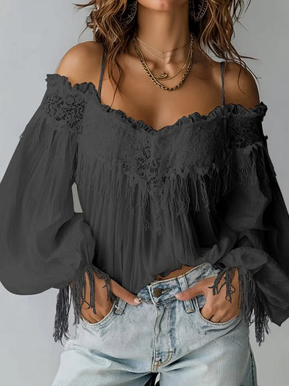 Lace Cold Shoulder Ruffled Lantern Sleeve Blouse for Women – Bohemian Chic Comfort