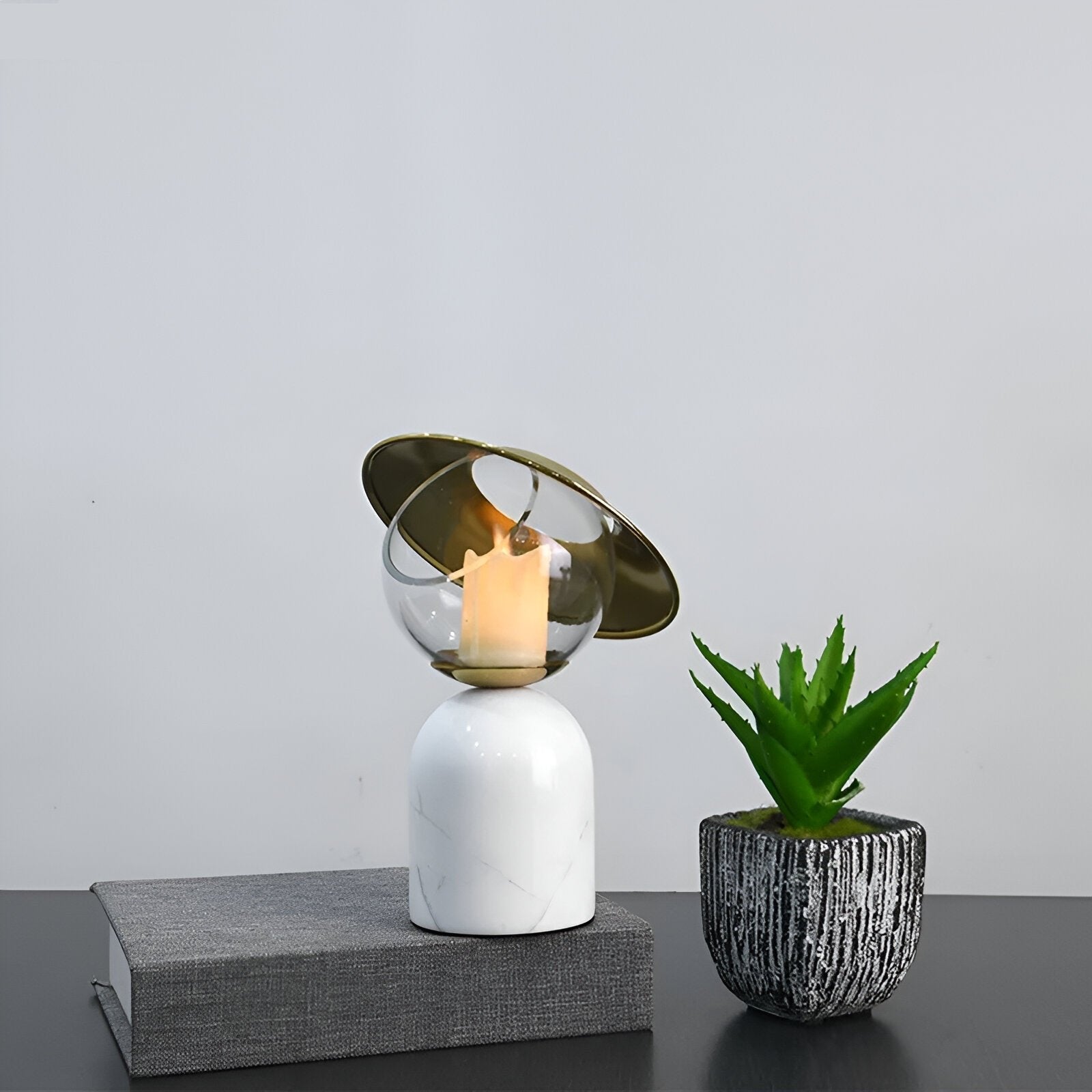 Modern Marble Glass Candle Holder with Metal Accent