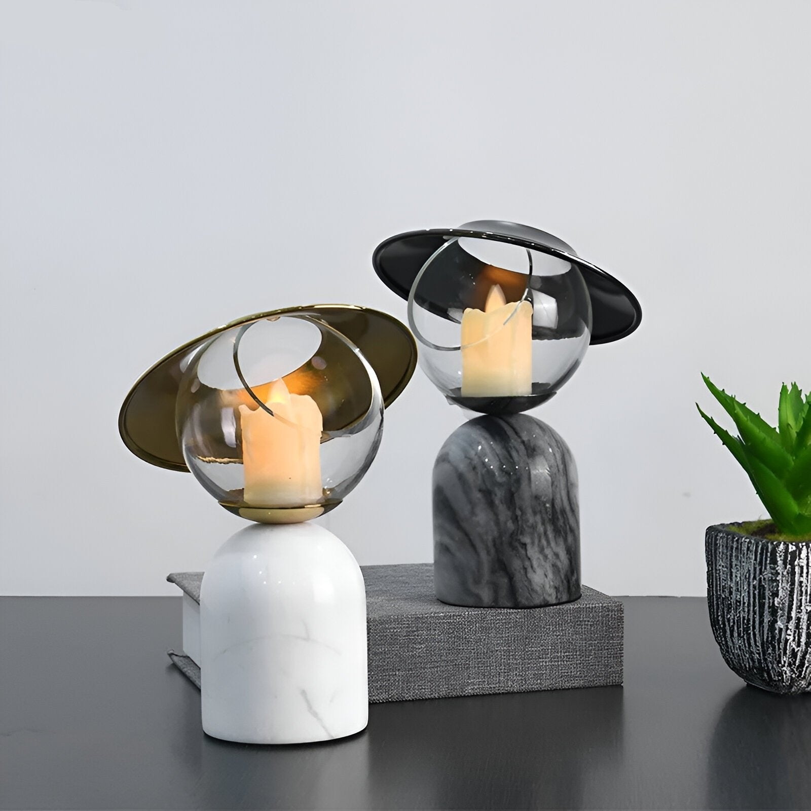 Modern Marble Glass Candle Holder with Metal Accent