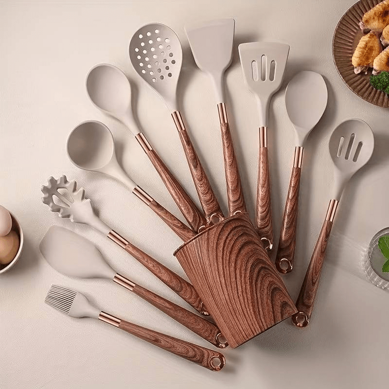 Modern Silicone and Wood Utensil Set with Holder