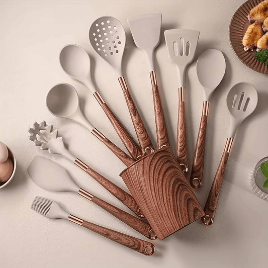 Modern Silicone and Wood Utensil Set with Holder