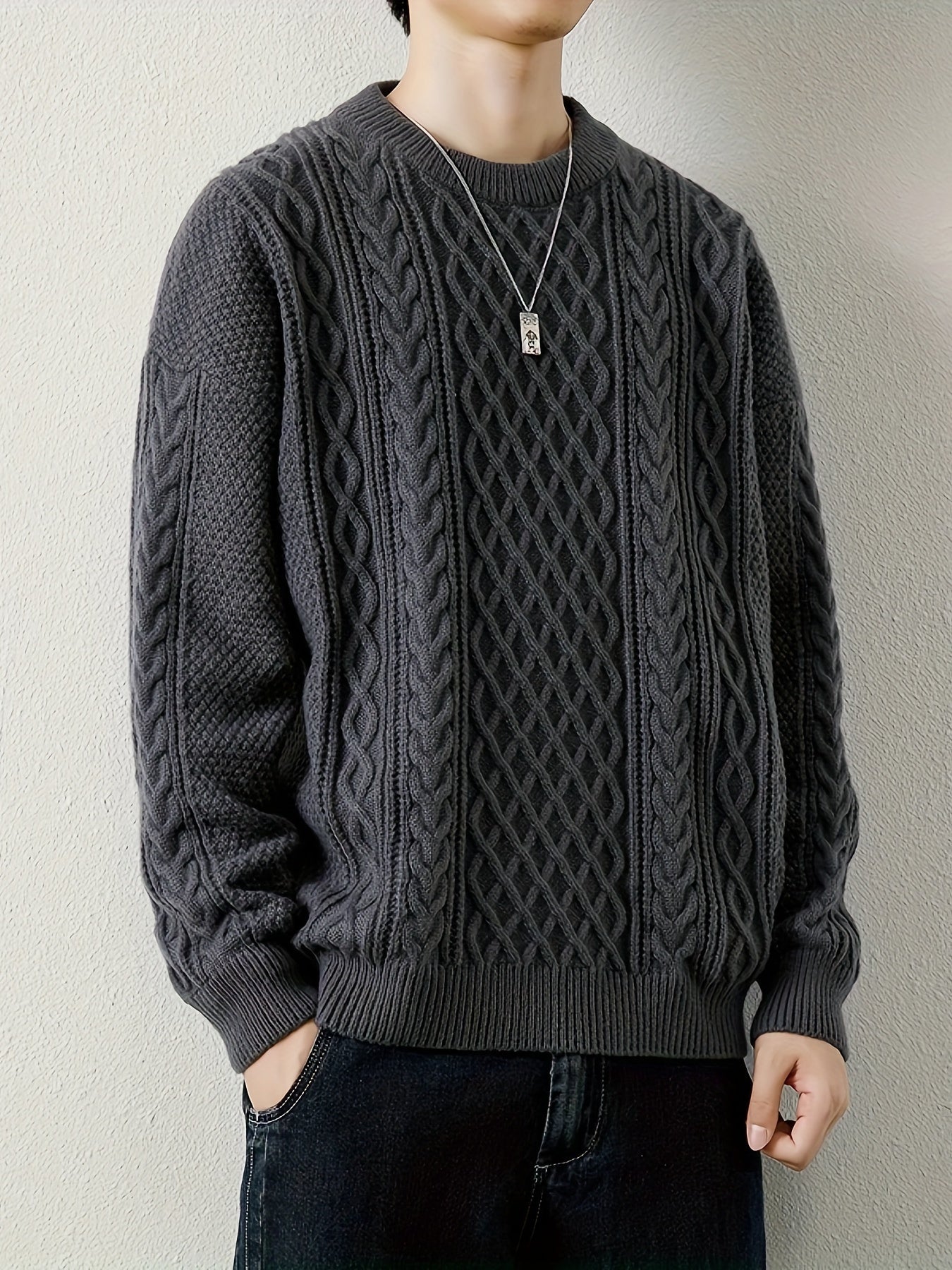 Joshua Relaxed Fit Crewneck Sweater | Cable Knit Ribbed Cuffs Sweater