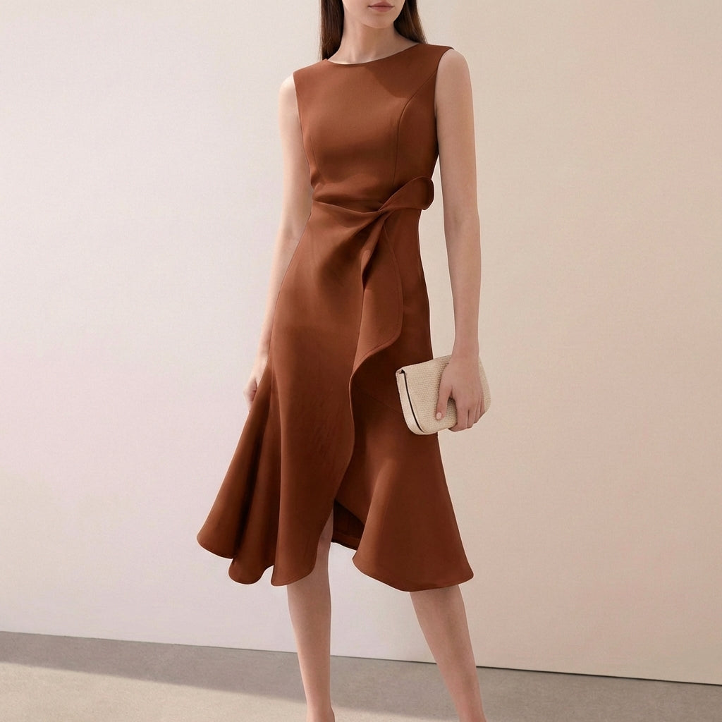 Ruffled Knot Detail Irregular Hem Midi-Length A-Line Dress for Women – Elegant Stylish Design