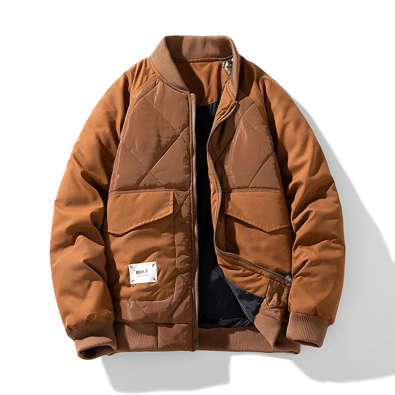 Henry Quilted Bomber Jacket | Ribbed Collar Flap Pockets Bomber Jacket