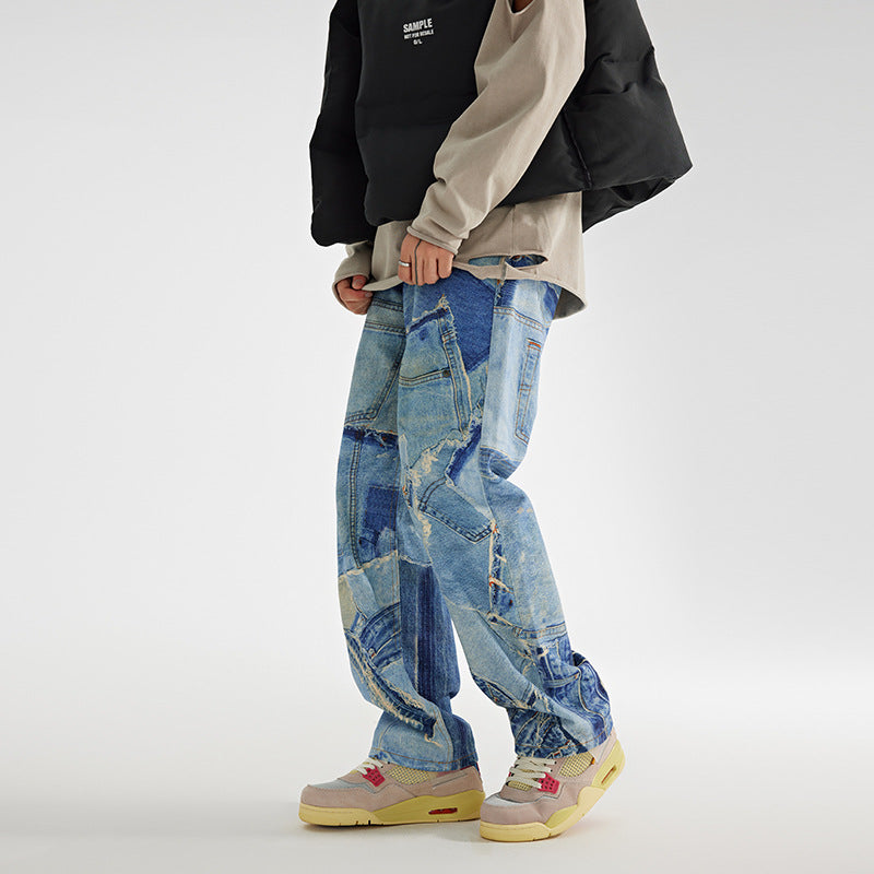 Men's Loose Straight Light Wash Cotton Jeans