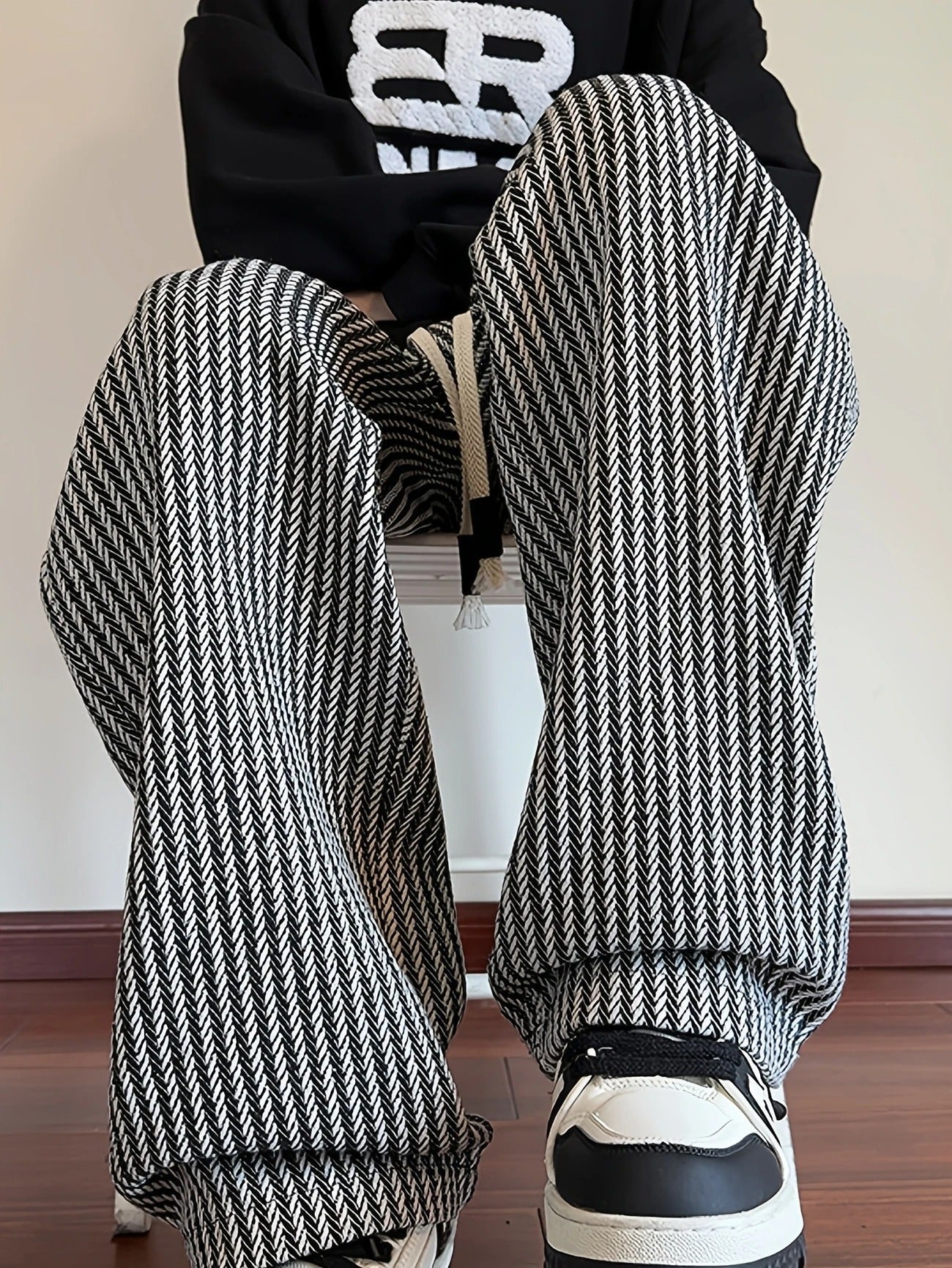 Giulia Relaxed Fit Herringbone Pants | Drawstring Waist Gathered Hem Pants
