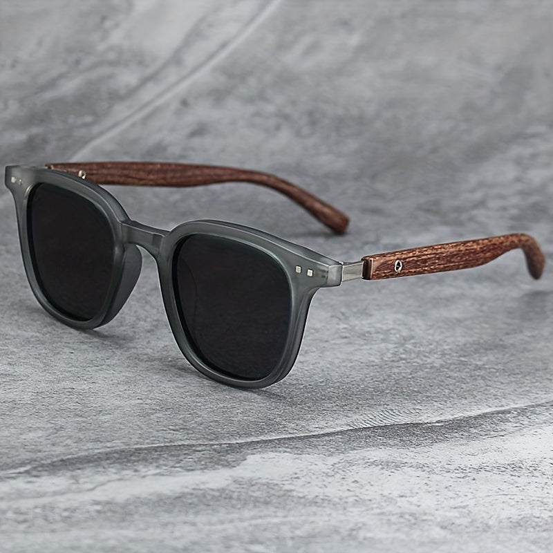 Theodore Matte Finish Wooden Arms Square Frame Sunglasses | Dark Lenses Sunglasses