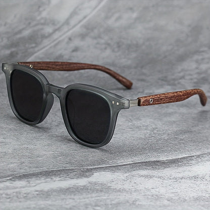 Theodore Matte Finish Wooden Arms Square Frame Sunglasses | Dark Lenses Sunglasses