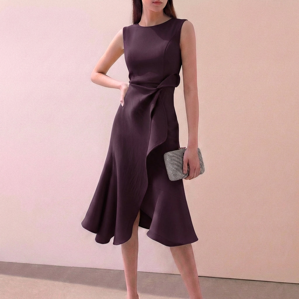 Ruffled Knot Detail Irregular Hem Midi-Length A-Line Dress for Women – Elegant Stylish Design