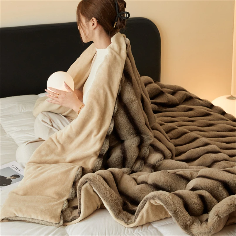Contemporary Striped Faux Fur Throw Blanket